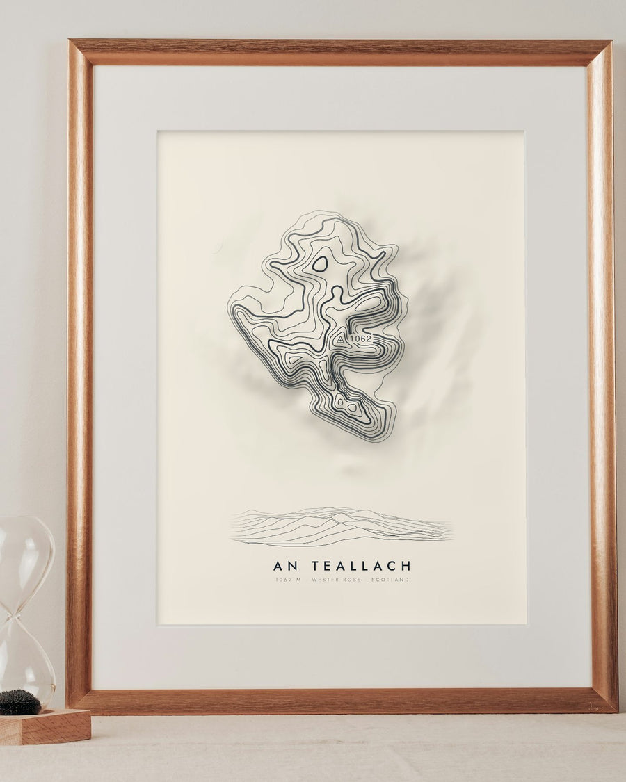 An Teallach contour print in a mounted frame on a shelf (frame and mount not included)