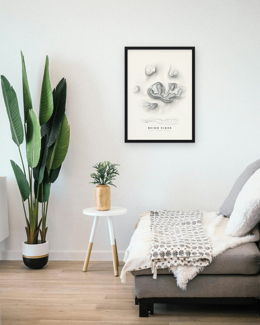 Beinn Eighe contour print shown framed on a living room wall (frame not included)
