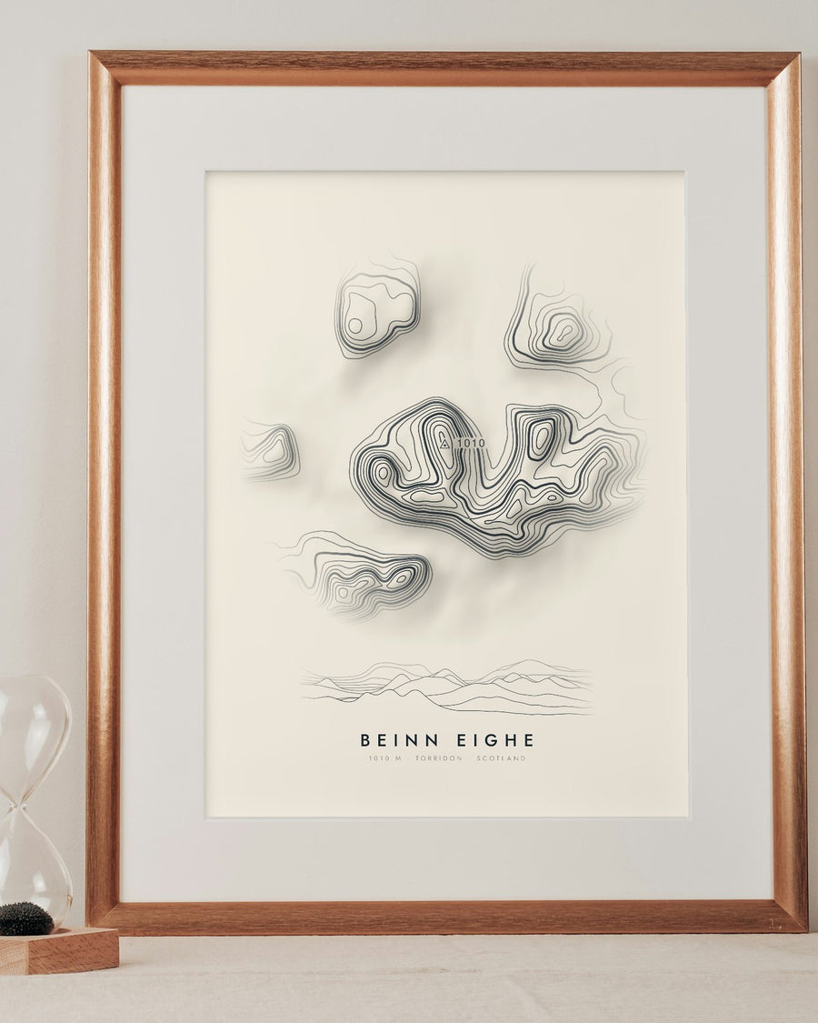 Beinn Eighe contour print in a mounted frame on a shelf (frame and mount not included)