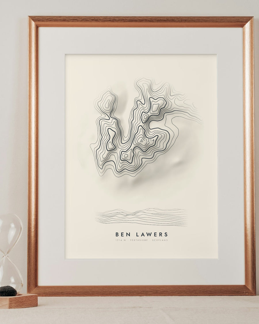 Ben Lawers contour print in a mounted frame on a shelf (frame and mount not included)