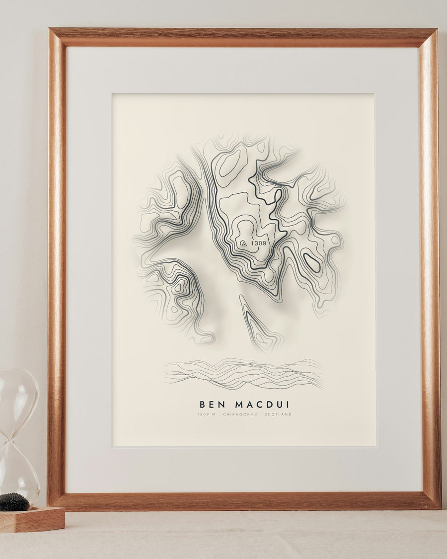 Ben Macdui contour print in a mounted frame on a shelf (frame and mount not included)