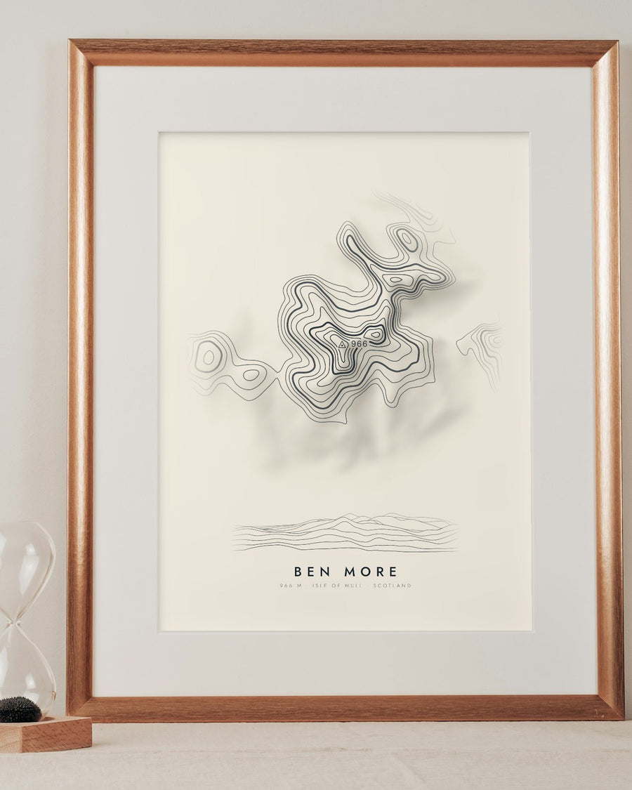 Ben More contour print in a mounted frame on a shelf (frame and mount not included)