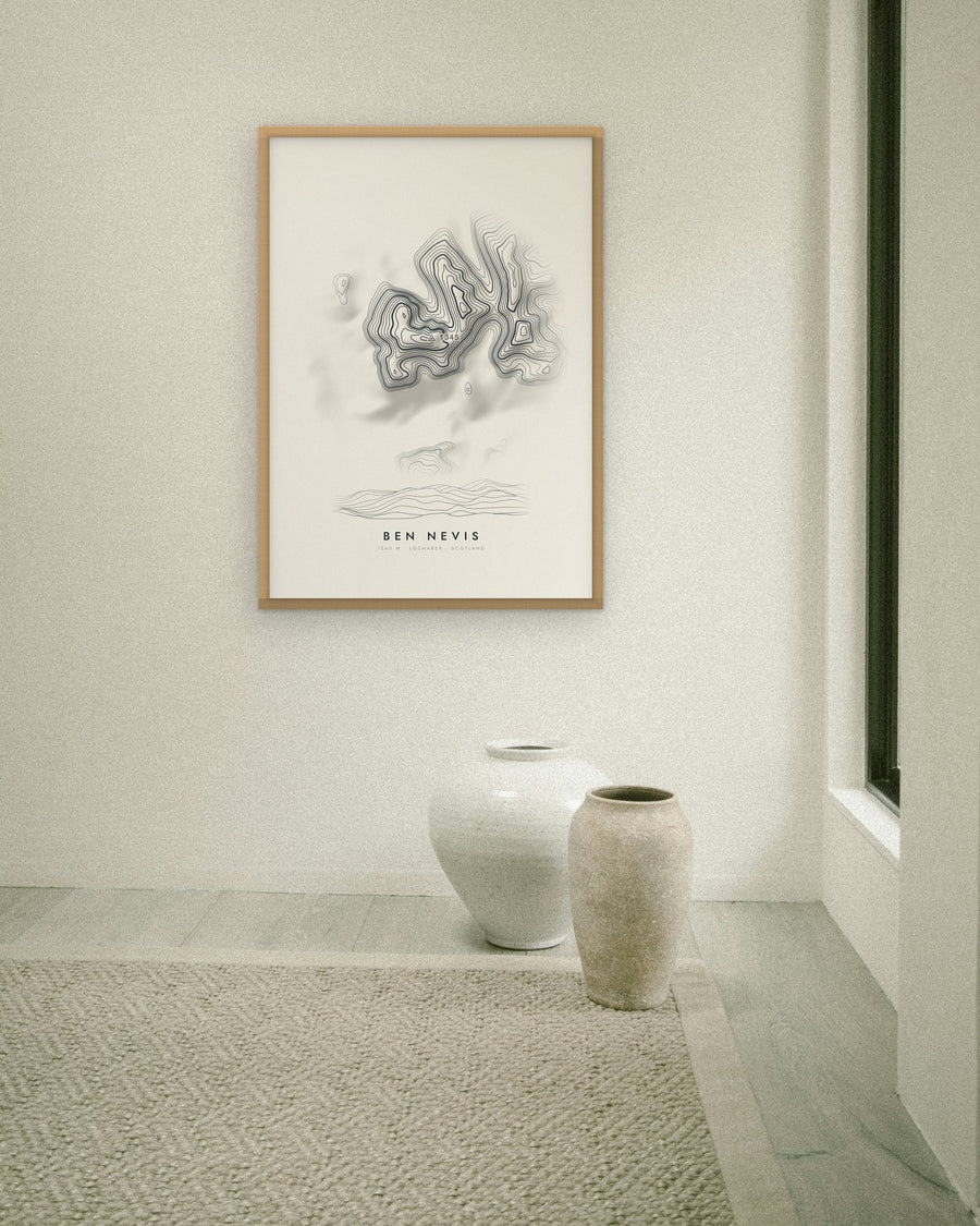Ben Nevis contour print at 70 × 100 cm in an oak frame (frame not included)