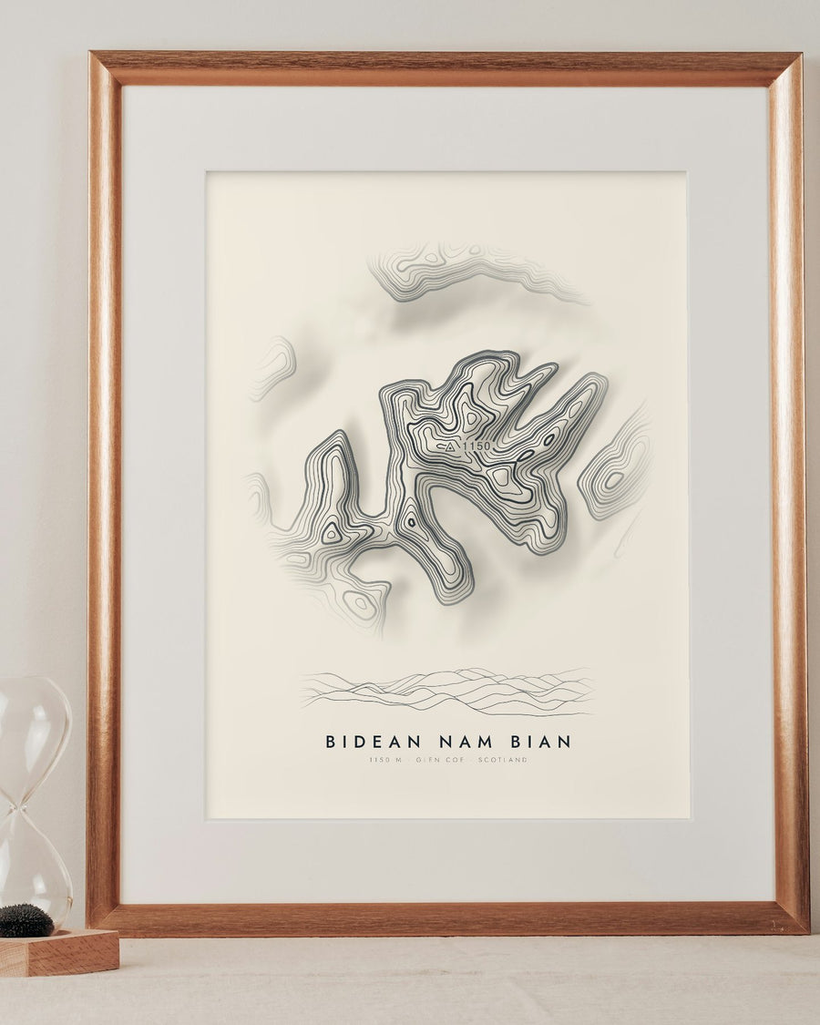 Bidean nam Bian contour print in a mounted frame on a shelf (frame and mount not included)