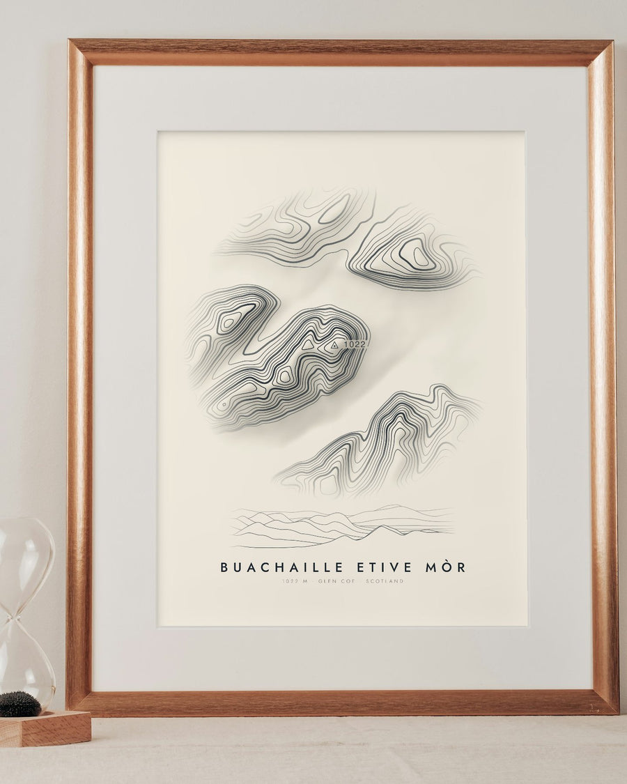 Buachaille Etive Mòr contour print in a mounted frame on a shelf (frame and mount not included)