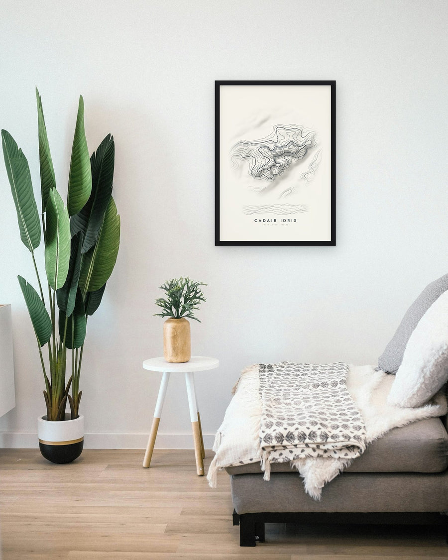 Cadair Idris contour print shown framed on a living room wall (frame not included)