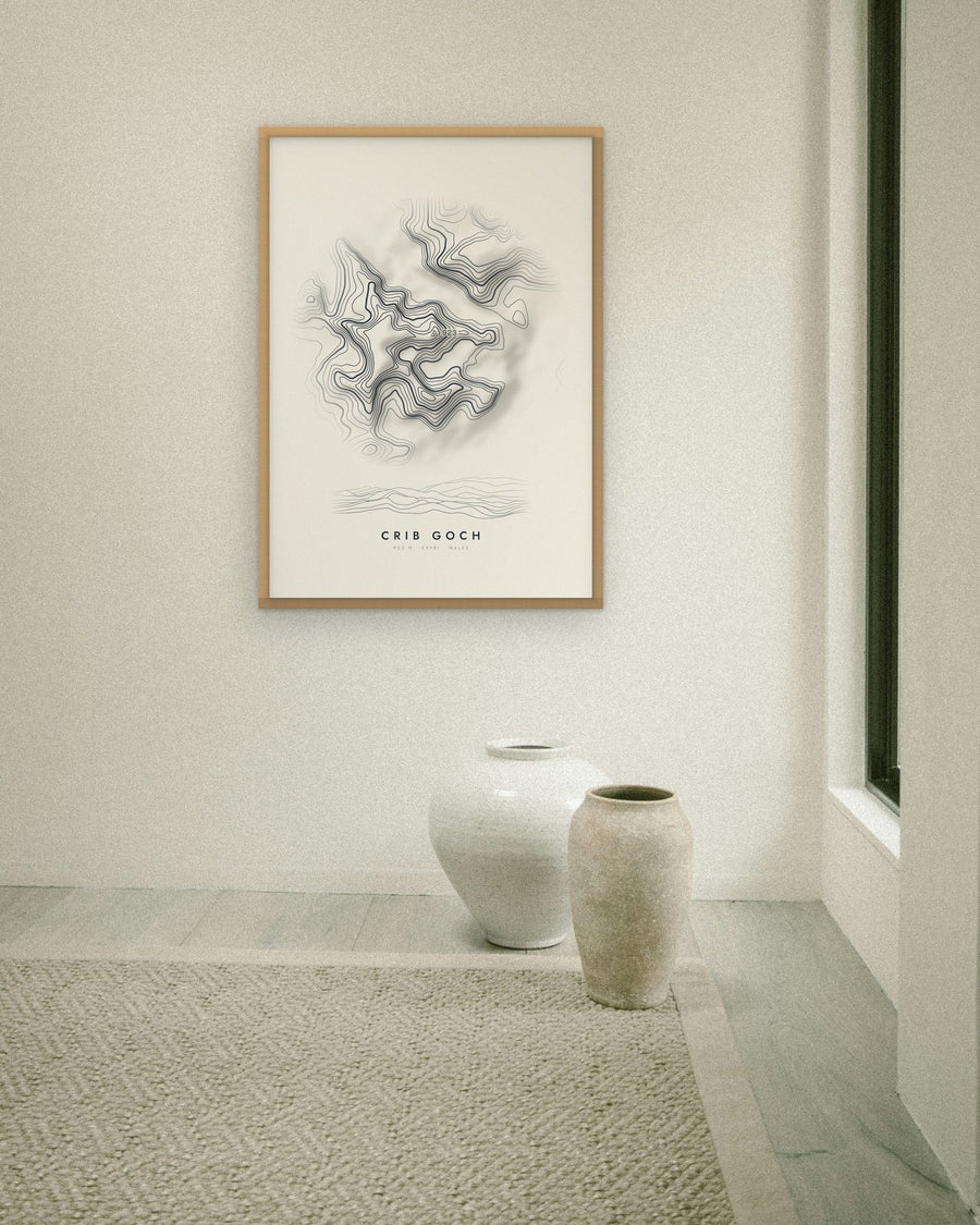 Crib Goch contour print at 70 × 100 cm in an oak frame (frame not included)