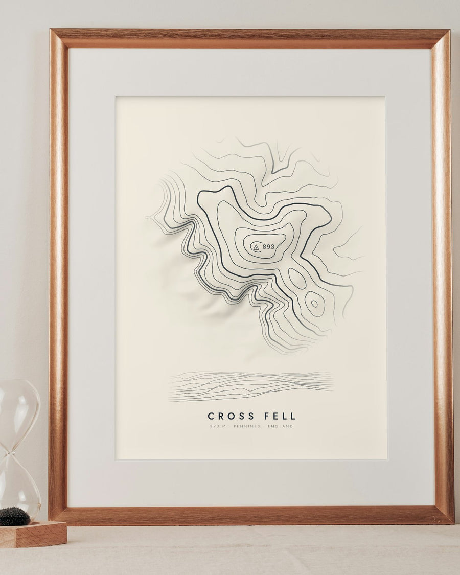 Cross Fell contour print in a mounted frame on a shelf (frame and mount not included)