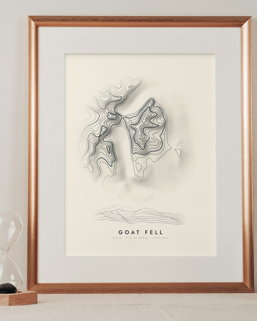 Goat Fell contour print in a mounted frame on a shelf (frame and mount not included)