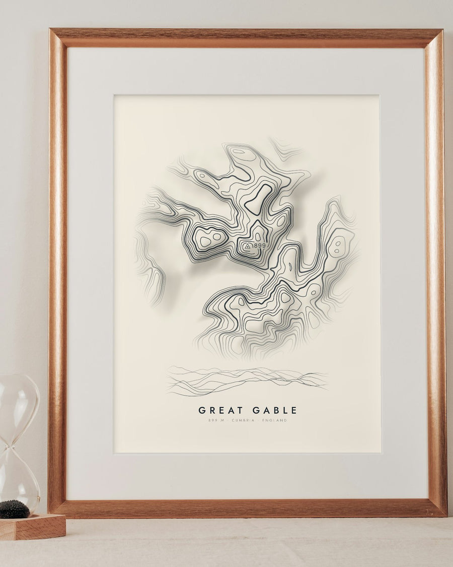 Great Gable contour print in a mounted frame on a shelf (frame and mount not included)