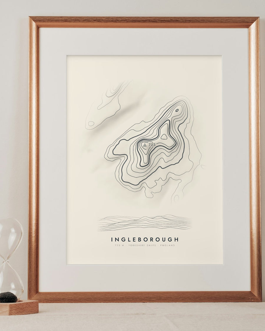 Ingleborough contour print in a mounted frame on a shelf (frame and mount not included)