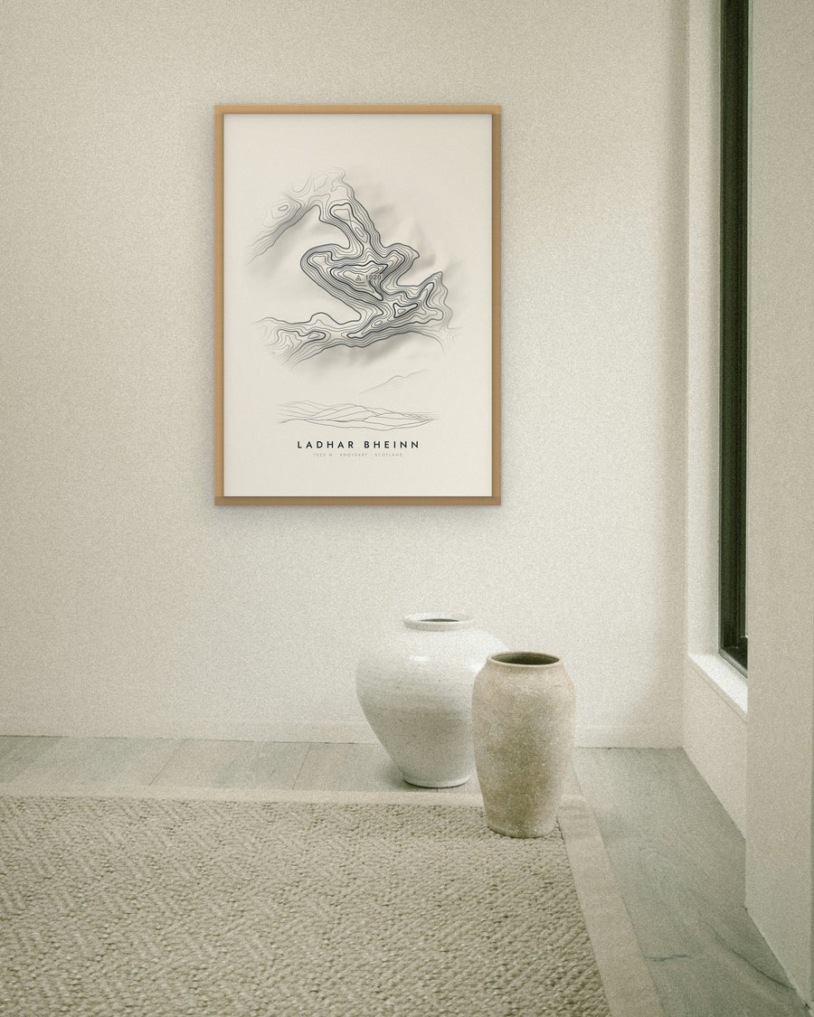 Ladhar Bheinn contour print at 70 × 100 cm in an oak frame (frame not included)