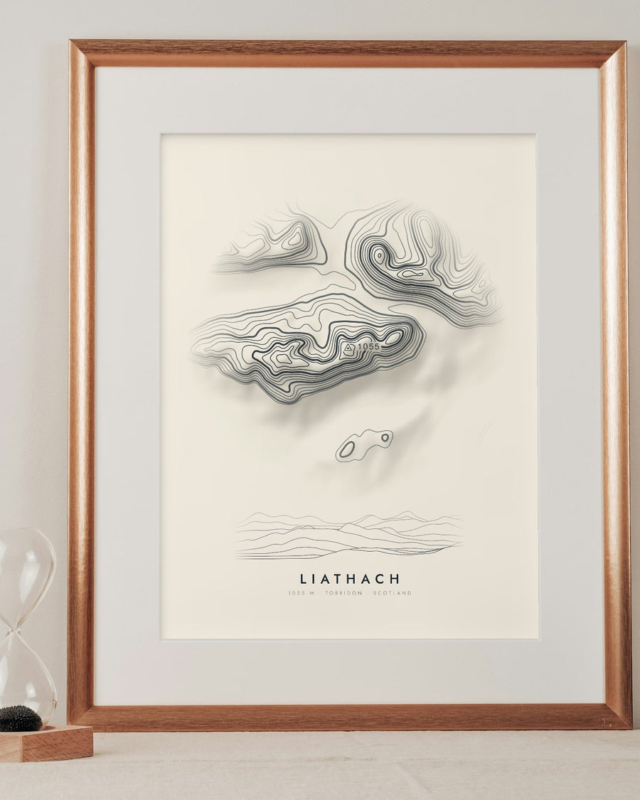 Liathach contour print in a mounted frame on a shelf (frame and mount not included)