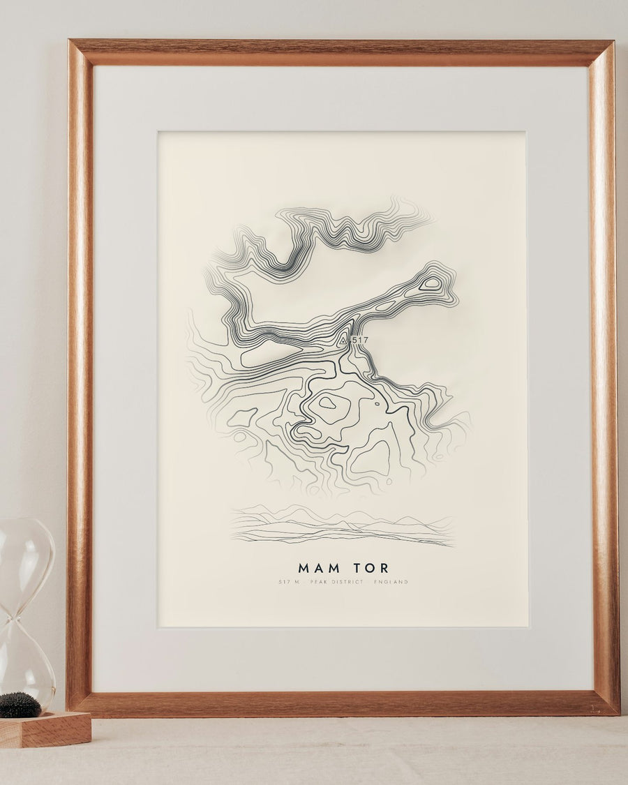 Mam Tor contour print in a mounted frame on a shelf (frame and mount not included)