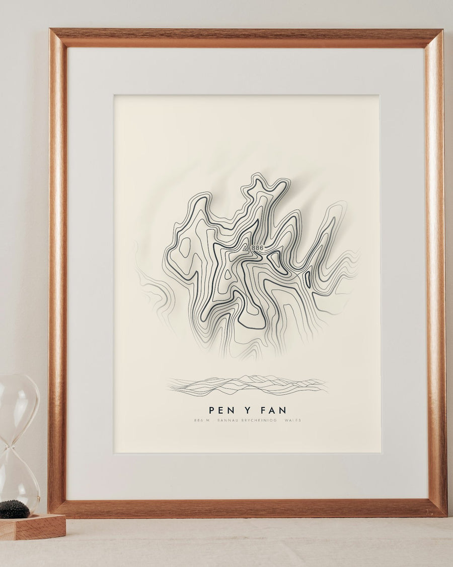 Pen y Fan contour print in a mounted frame on a shelf (frame and mount not included)