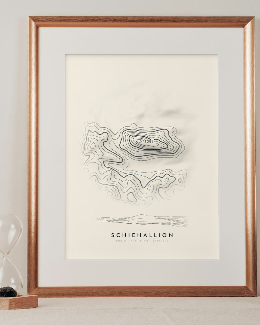Schiehallion contour print in a mounted frame on a shelf (frame and mount not included)