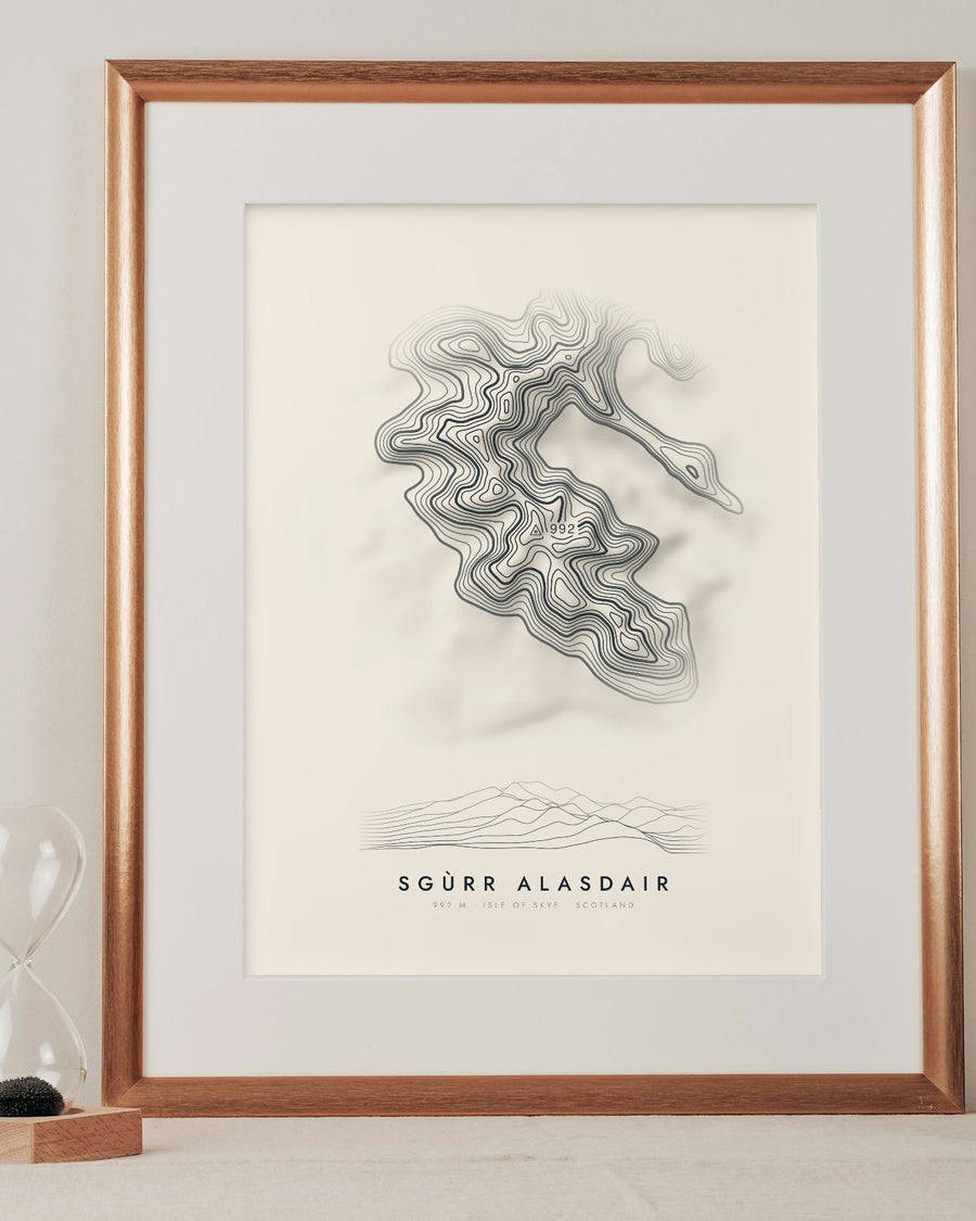 Sgùrr Alasdair contour print in a mounted frame on a shelf (frame and mount not included)
