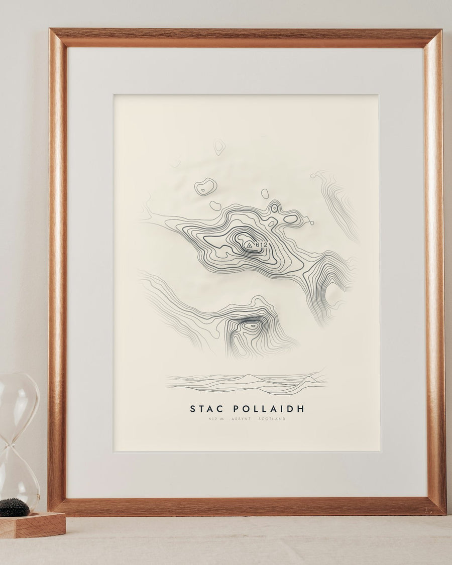 Stac Pollaidh contour print in a mounted frame on a shelf (frame and mount not included)