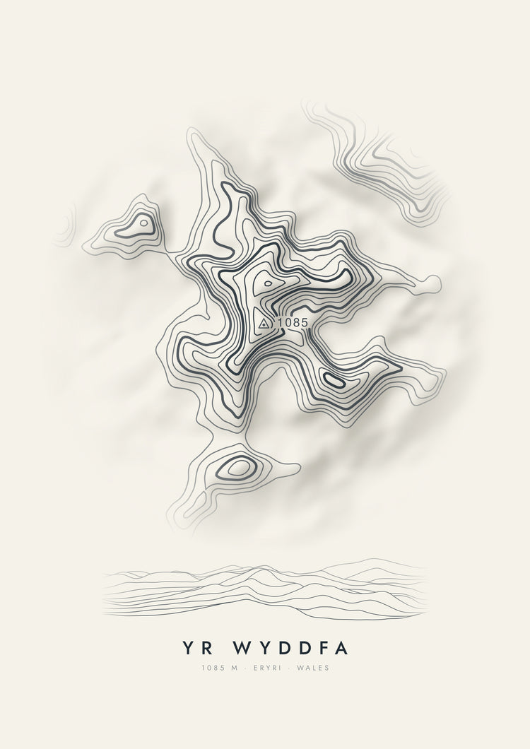 Yr Wyddfa contour artwork with shaded relief and ridgelines — museum-quality paper print, supplied unframed