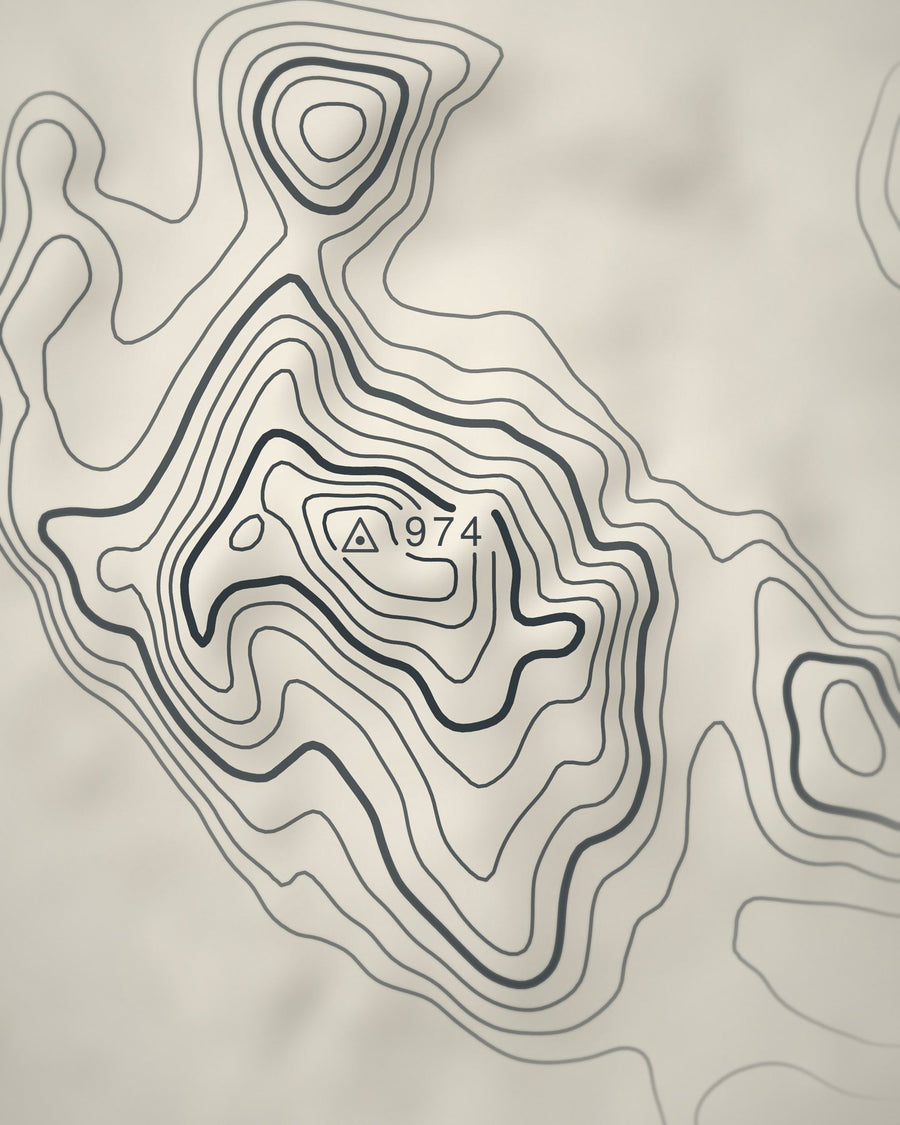 Close-up of the Ben Lomond contour lines and summit on matte paper