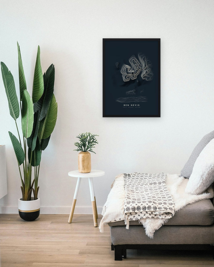 Ben Nevis Midnight print framed on a living room wall (frame not included)