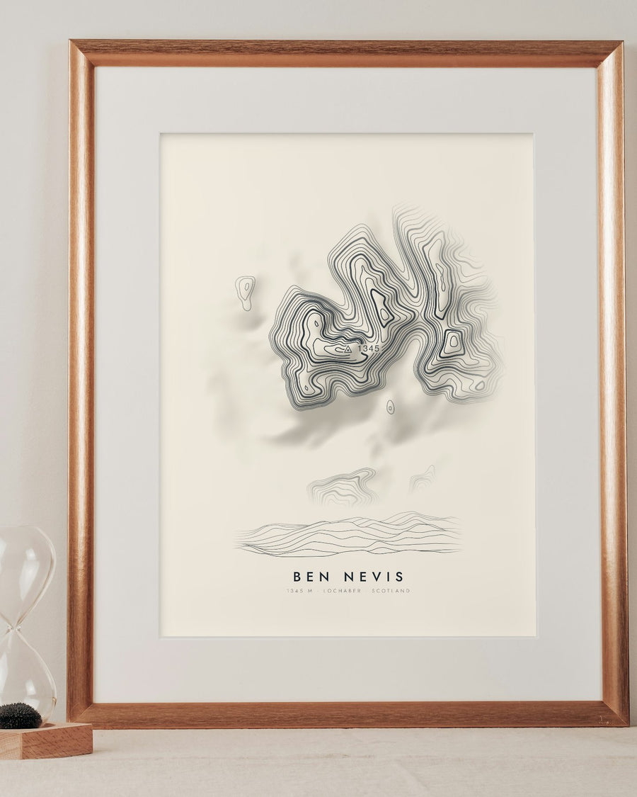 Ben Nevis contour print in a mounted frame on a shelf (frame and mount not included)
