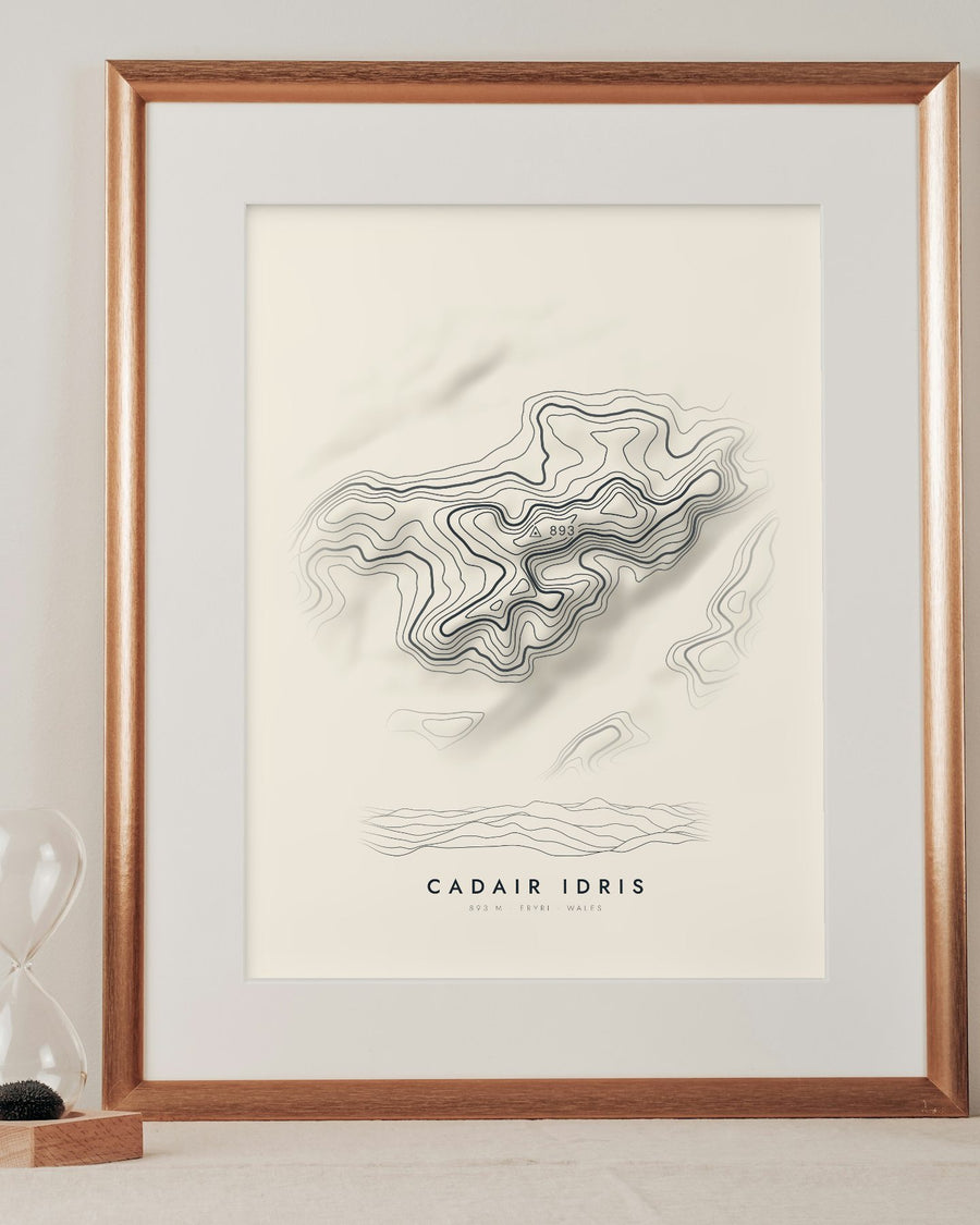 Cadair Idris contour print in a mounted frame on a shelf (frame and mount not included)