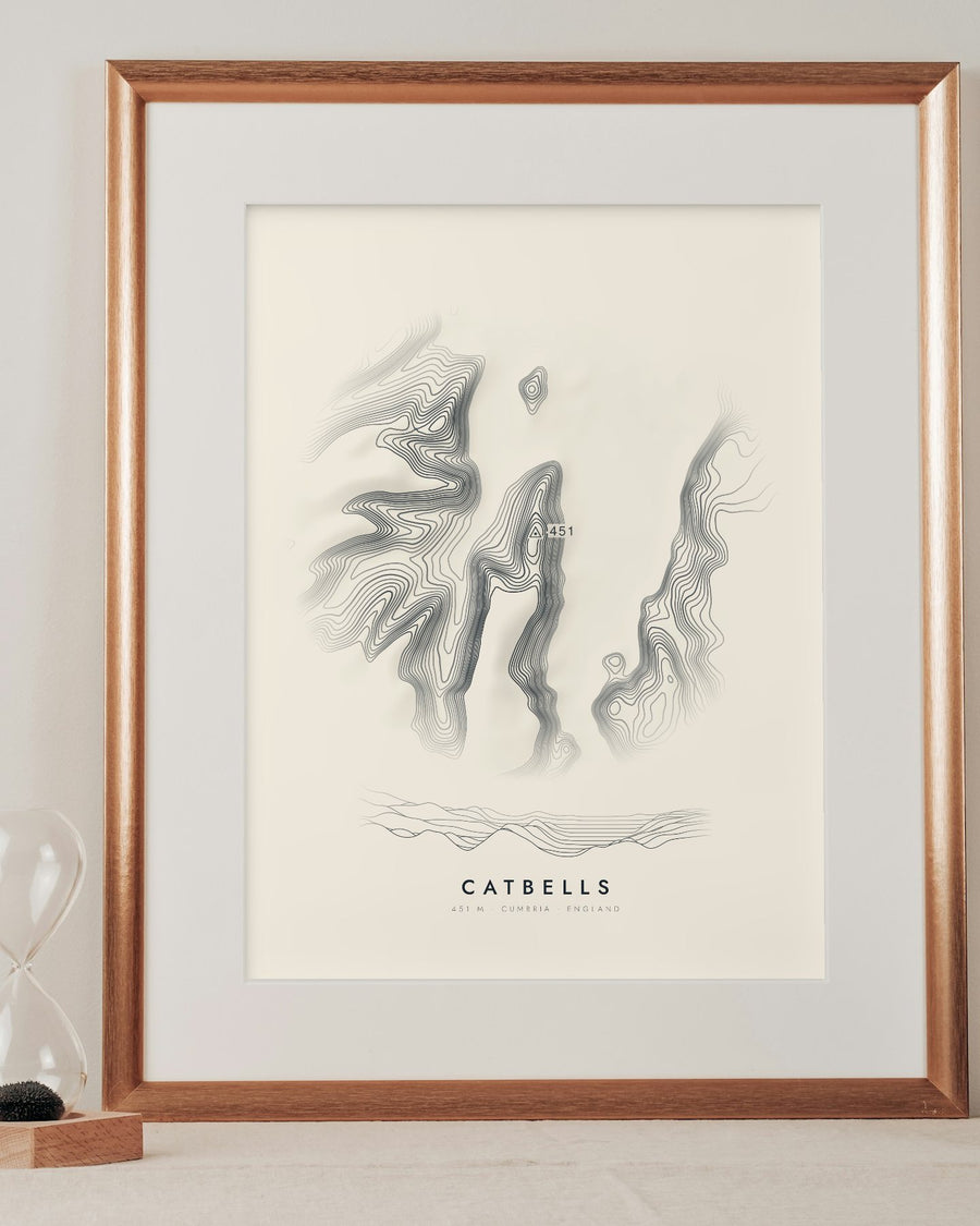 Catbells contour print in a mounted frame on a shelf (frame and mount not included)