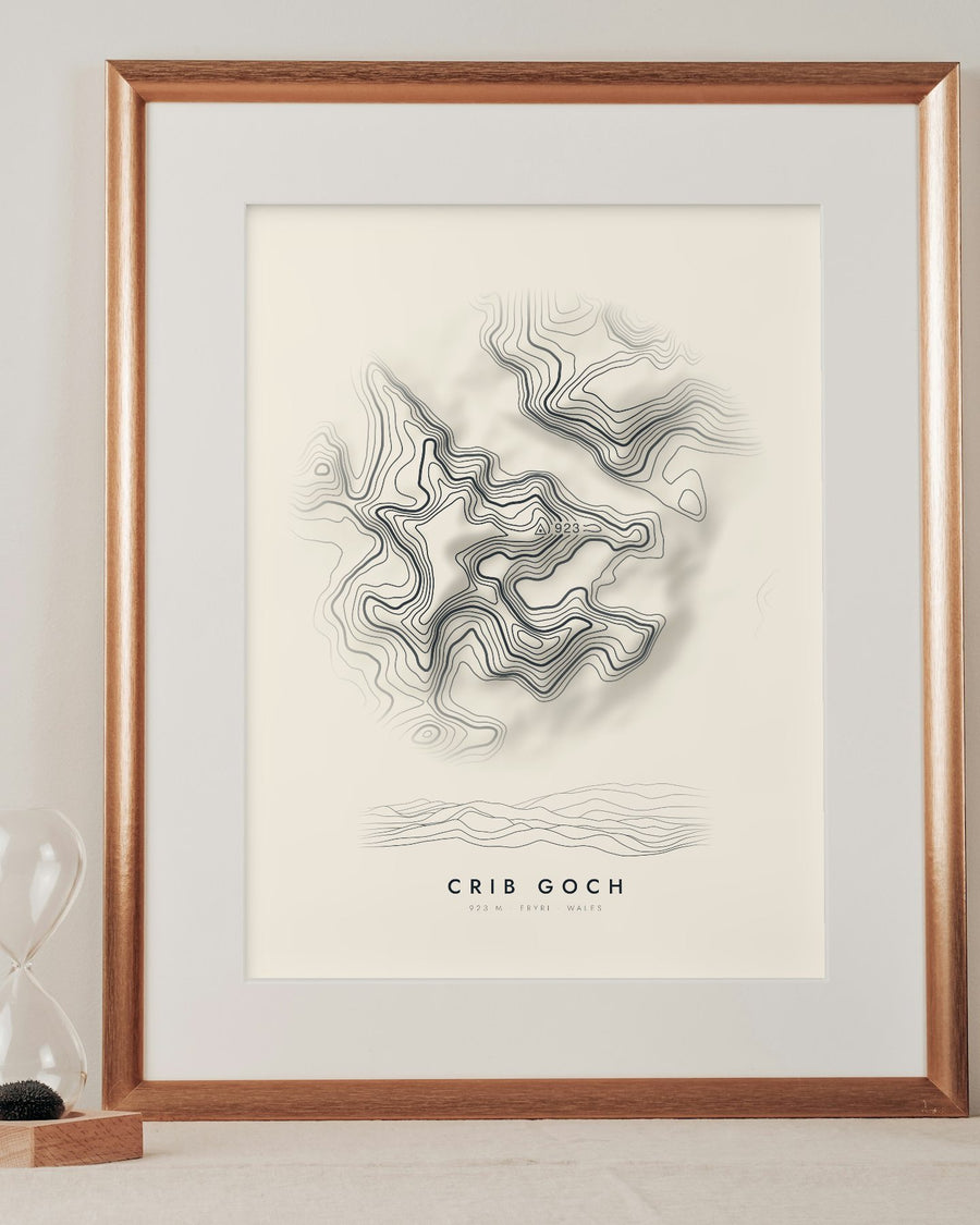 Crib Goch contour print in a mounted frame on a shelf (frame and mount not included)