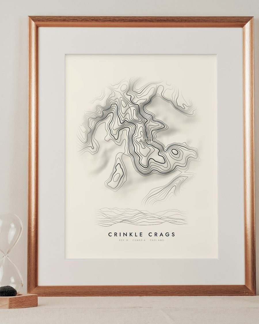 Crinkle Crags contour print in a mounted frame on a shelf (frame and mount not included)