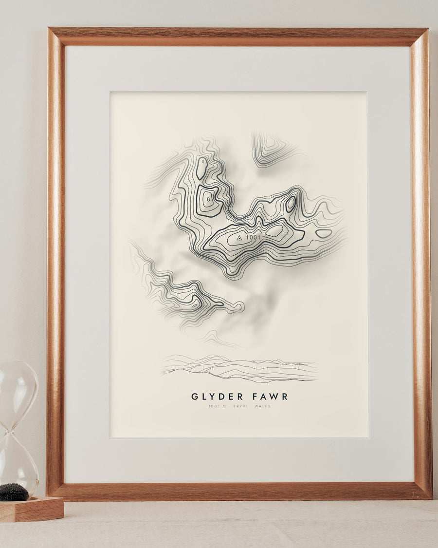 Glyder Fawr contour print in a mounted frame on a shelf (frame and mount not included)