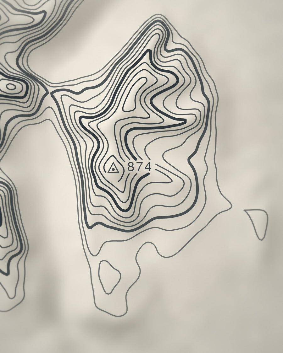 Close-up of the Goat Fell contour lines and summit on matte paper