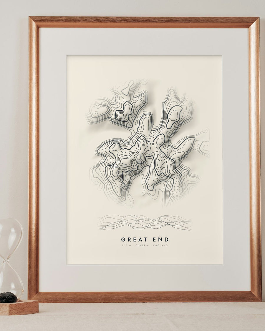 Great End contour print in a mounted frame on a shelf (frame and mount not included)