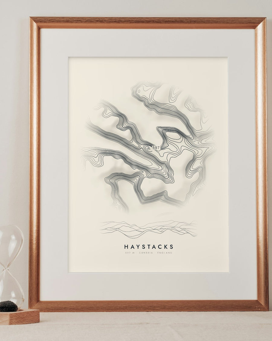 Haystacks contour print in a mounted frame on a shelf (frame and mount not included)