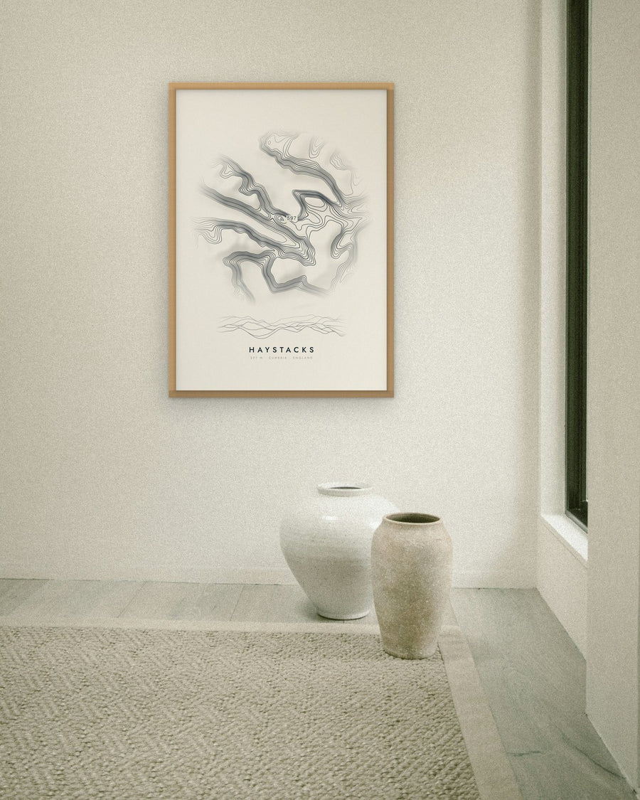 Haystacks contour print at 70 × 100 cm in an oak frame (frame not included)