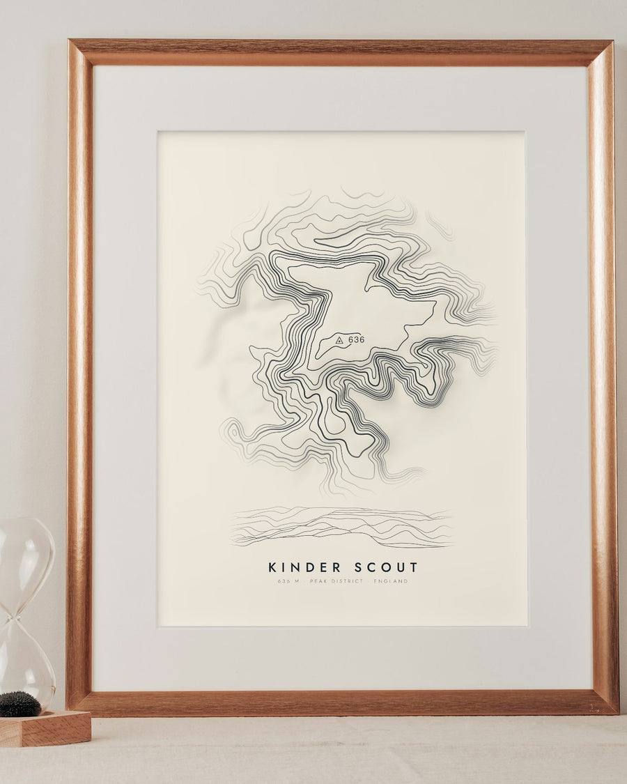 Kinder Scout contour print in a mounted frame on a shelf (frame and mount not included)