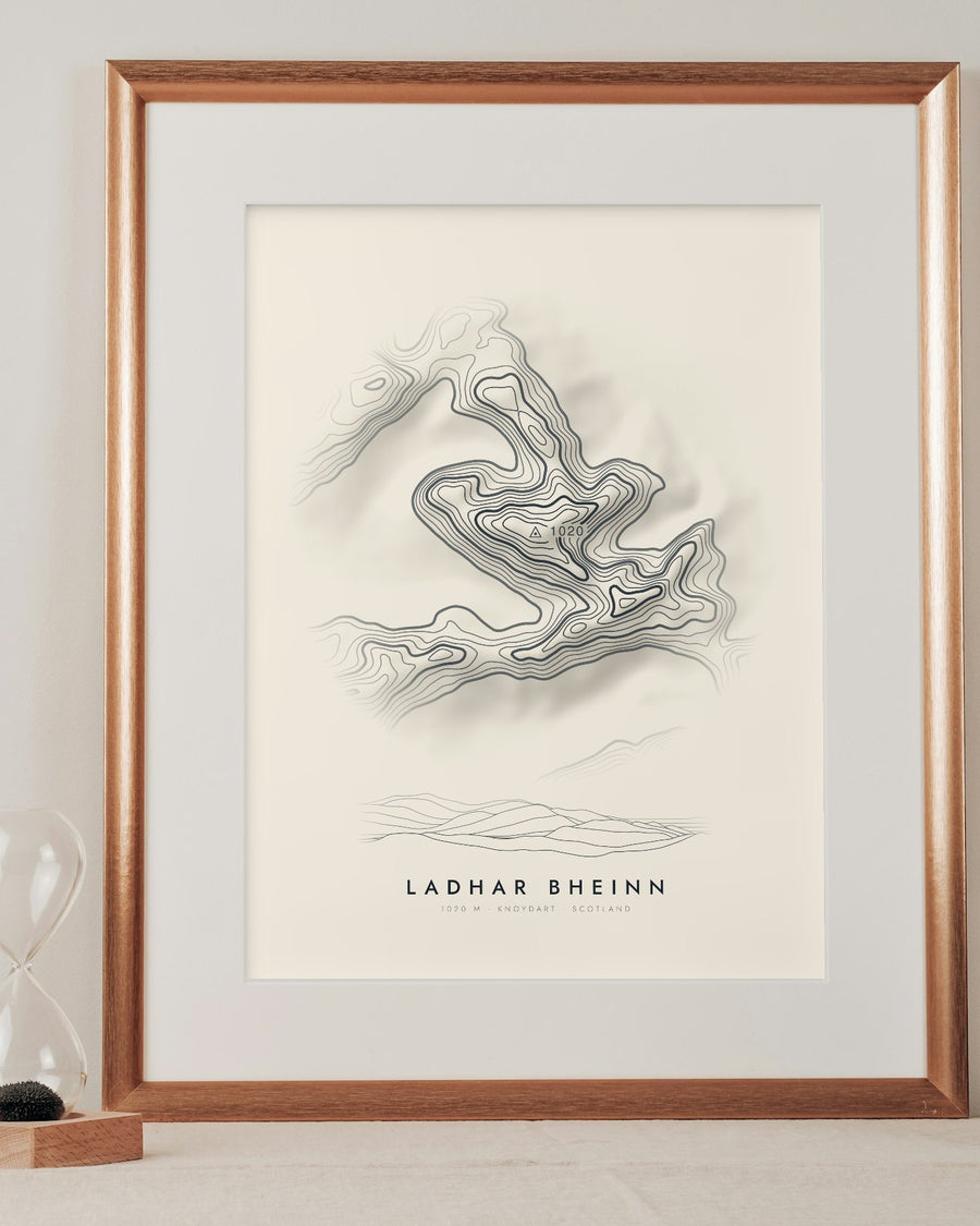 Ladhar Bheinn contour print in a mounted frame on a shelf (frame and mount not included)