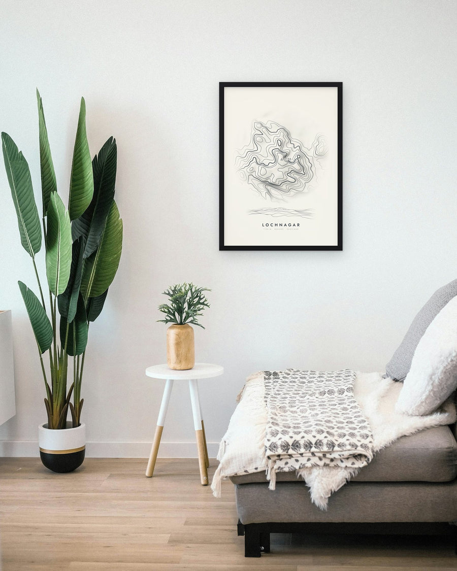 Lochnagar contour print shown framed on a living room wall (frame not included)