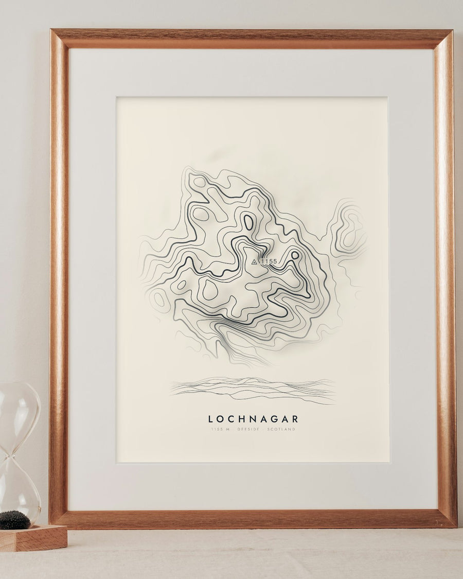 Lochnagar contour print in a mounted frame on a shelf (frame and mount not included)