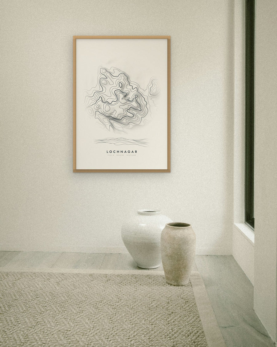 Lochnagar contour print at 70 × 100 cm in an oak frame (frame not included)