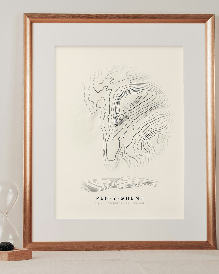 Pen-y-ghent contour print in a mounted frame on a shelf (frame and mount not included)