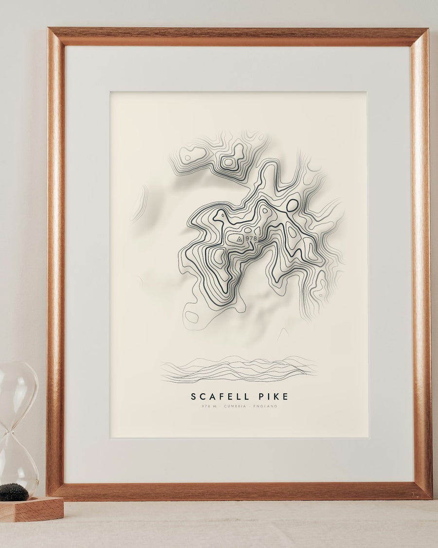 Scafell Pike contour print in a mounted frame on a shelf (frame and mount not included)