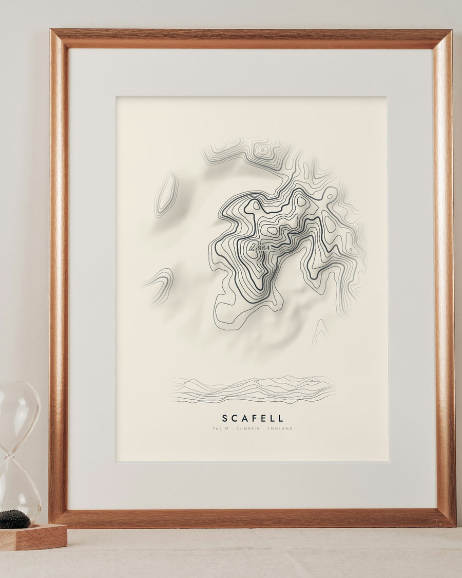 Scafell contour print in a mounted frame on a shelf (frame and mount not included)