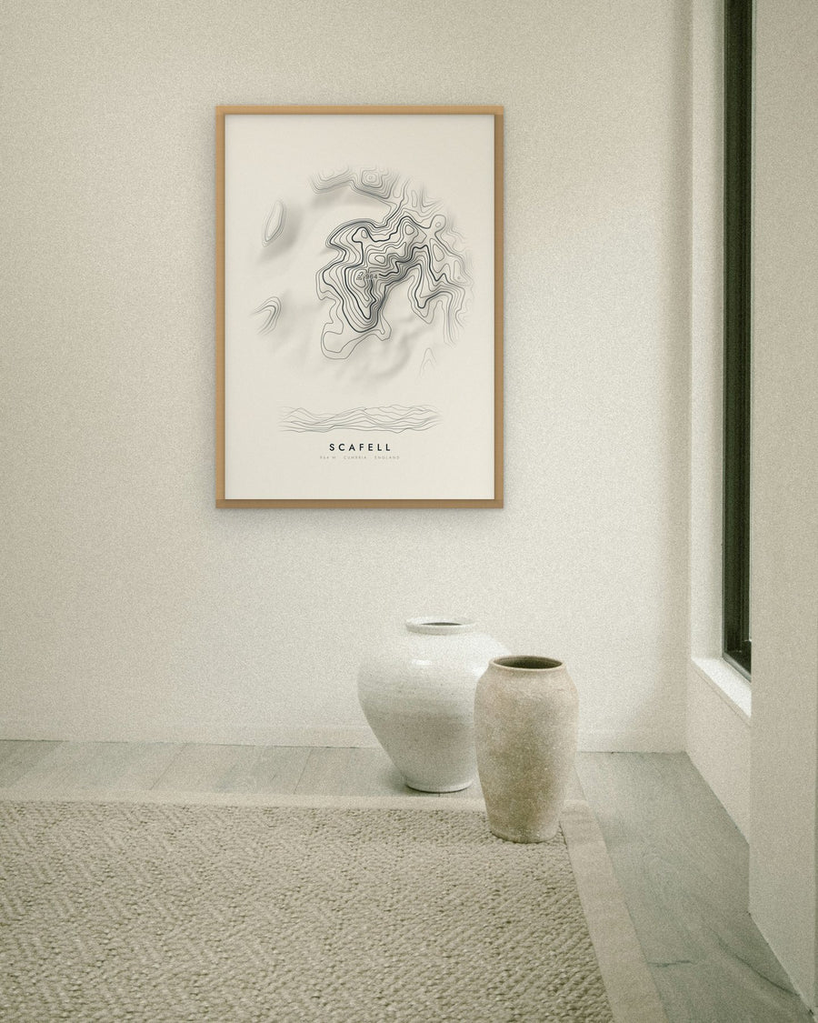 Scafell contour print at 70 × 100 cm in an oak frame (frame not included)