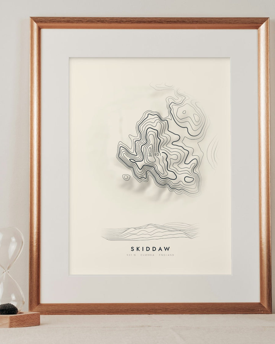 Skiddaw contour print in a mounted frame on a shelf (frame and mount not included)