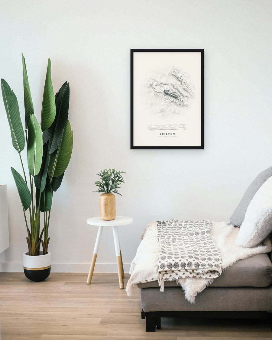 Suilven contour print shown framed on a living room wall (frame not included)