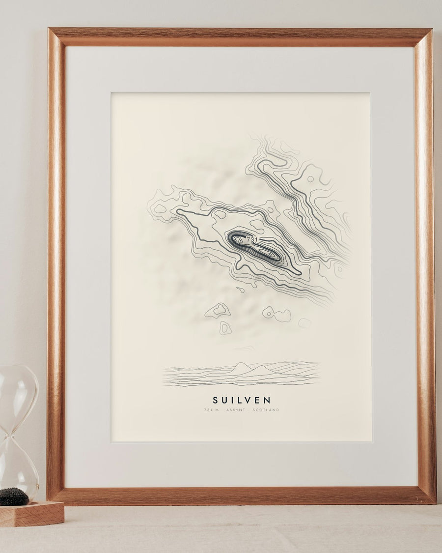 Suilven contour print in a mounted frame on a shelf (frame and mount not included)