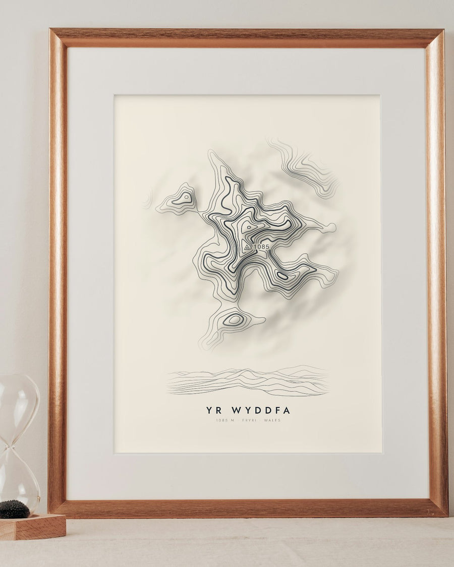 Yr Wyddfa contour print in a mounted frame on a shelf (frame and mount not included)